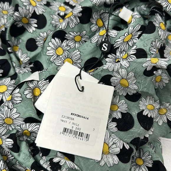 Sandro Blouse Top Shirt Short Sleeve Tie Front Daisy Floral Green New Size Large - Picture 10 of 12